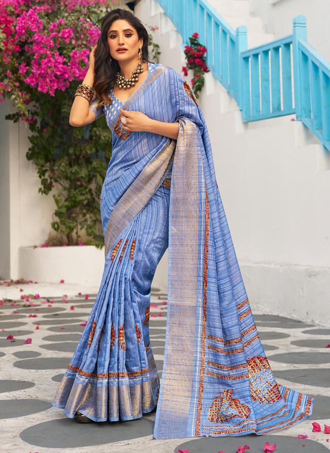 Munga Silk Sky Blue Party Wear Printed Saree